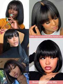 Straight Natural Scalp Raw Human Hair HD Lace Bob With Bang 150% Density Glueless HD 2x1 Lace Bob With Bang Glueless Wigs - SNatural - View 7