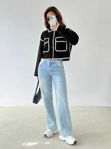 SHEIN PETITE Contrast Binding Cropped Overcoat For Autumn & Winter - Black - View 3