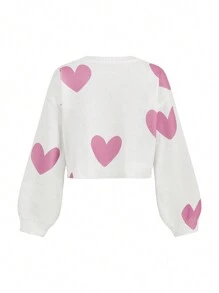 Carolina Leite Artist Y2K Style Cute Pink Heart Pattern Kawaii Cardigan For Women, Suitable For Autumn/Winter, Holiday, Vacation, Spring, Festival, Spring Break, Ibiza Fits - White - View 2