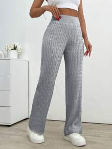 EURMUSE 女式纯色高腰休闲粗针织喇叭裤 - 淺灰色 - 查看 4