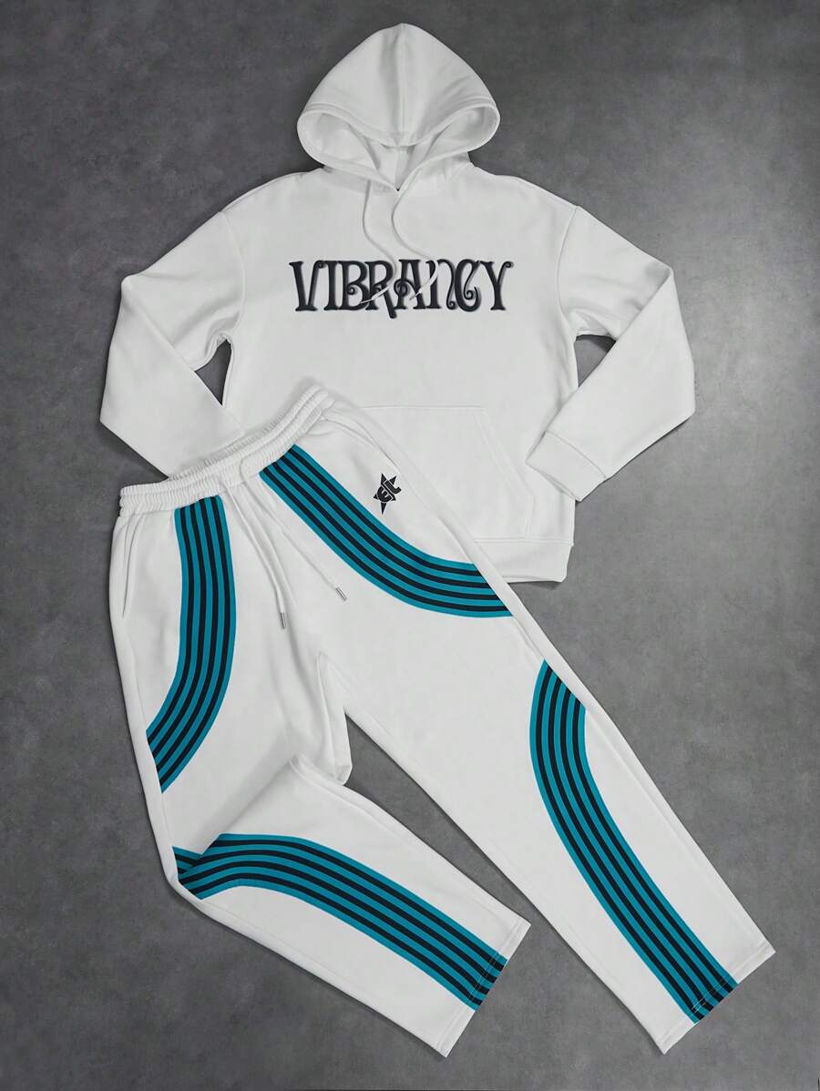 PAVTROS Manfinity Streetrush Men Letter Print Pocket Design Simple Hooded Sweatshirt And Pants Set - White - View 1