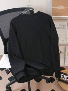 BATMAN X SHEIN Men's Casual Bat Logo Print Dropped Shoulder Relaxed Fit Black Pullover Sweatshirt