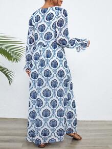 SHEIN LUNE V-Neck Long Sleeve Ethnic Print Long Casual Woven Dress For Women - Blue - View 4
