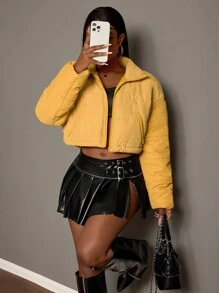 Slaydiva 2024 Holiday New Year & Valentine's Thanksgiving Outfit Casual Women All-Match Long Sleeve Padded Coat With Zipper, Solid Color Versatile Drawstring Hem Short Women Padded Coat - FF - Yellow - View 4