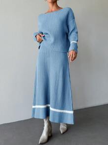 EURMUSE 2pcs Casual Ribbed Sweater And Asymmetric Hem Skirt Set - Baby Blue - View 4