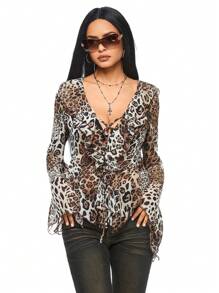 ROMWE Grunge Punk Blusa trasparente elegante con stampa leopardata, arricciatura sul bordo, vita regolabile con laccio, in stile Y2K