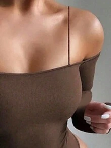 INAWLY Ladies' Solid Color Off-Shoulder Strapless Bodysuit Fall Cloth For Women - Brown - View 4