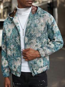 Manfinity Homme 1 件男士花卉印花口袋连帽衫拉链前运动衫，男士 INS 潮流蓝色纹理艺术花卉提花连帽拉链运动衫，秋冬男士外出彩色图案长袖休闲连帽衫，适合朋友、丈夫、男朋友的礼物 - 藍色 - 查看 3