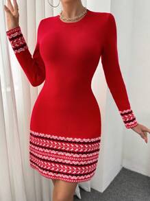 SHEIN Clasi Women Geometric Pattern Round Neck Long Sleeve Slim Fit Sweater Dress, Autumn/Winter For New Year Clothes Fall Cloth For Women - Red - View 4