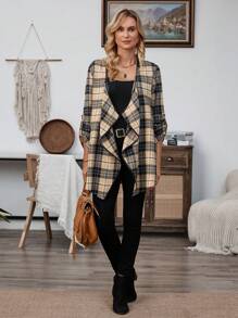 EMERY ROSE 女式格子印花翻领卷袖休闲夹克