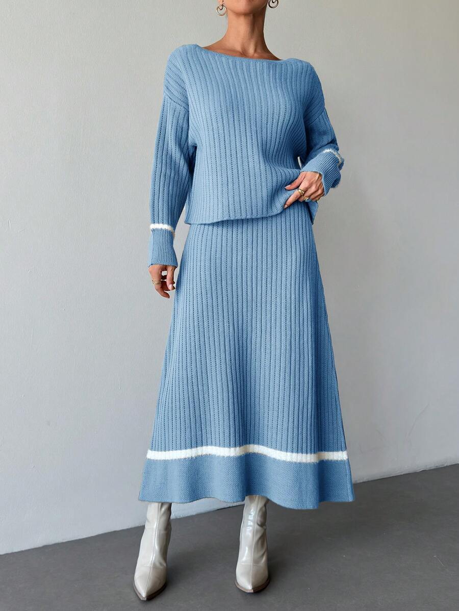 EURMUSE 2pcs Casual Ribbed Sweater And Asymmetric Hem Skirt Set - Baby Blue - View 1
