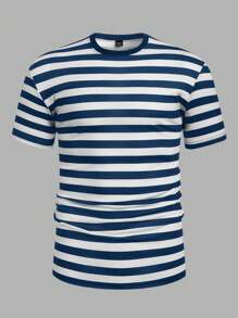 Manfinity Homme Camiseta casual de cuello redondo de manga corta con estampado de rayas para hombres