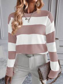 SHEIN LUNE Women Striped Round Neck Dropped Shoulder Casual Long Sleeve Pullover Sweater, Autumn/Winter - Multicolor - View 6