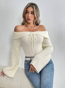 Chiquease 1件装 女士露肩蝴蝶结套头毛衣针织衫 秋冬款 - 杏色 - 查看 3