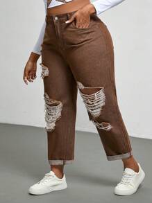 SHEIN EZwear Jeans casuales de pierna recta, ajuste holgado, con bolsillos, para mujer talla grande