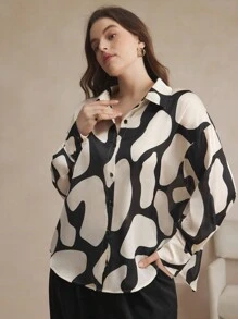 BizChic 大码几何印花宽松优雅办公衬衫 - 杏色 - 查看 4