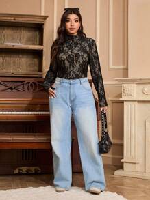 SHEIN EZwear Plus Size High Neck Black Lace Long Sleeve Sheer Look T-Shirt
