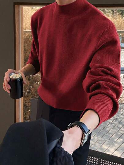 Claim Dot Men's Solid Color Stand Collar Casual Versatile Long Sleeve Pullover Sweater, Fall/Winter