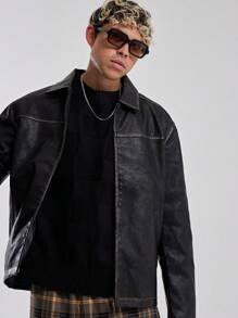 Musero Men Distressed Zip Up Faux Leather Jacket - Black - View 4