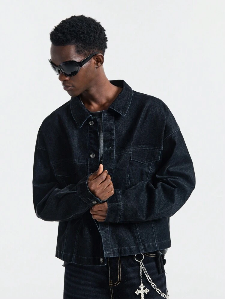 Men's Simple Button-Front Pocket Washed Casual Long Sleeve Shirt