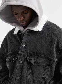 Manfinity VCAY Men's Plain Front Button Long Sleeve Simple Casual Woven Dark Cotton Denim Jacket - Grey - View 4