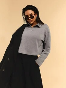 Athîral Women's Casual Solid Color Drop Shoulder Cropped Sweatshirt, Autumn - Light Grey - View 6