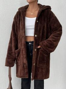 RueChic Brown, Front Button Detailed Extra Soft Cozy New Season Faux Fur Coat - Brown - View 5