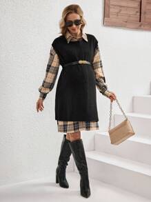 SHEIN 2pcs/Set Pregnant Women Plaid Drop Shoulder Long Sleeve Shirt Dress And Solid Round Neck Camisole Dress, Autumn - Multicolor - View 3