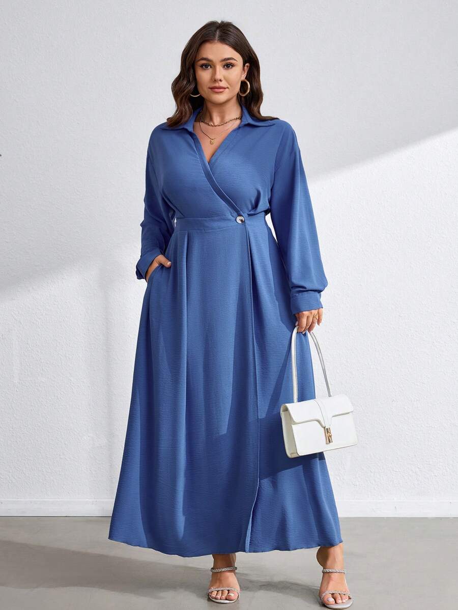 SHEIN Unity فستان نسائي بأكمام طويلة وياقة على شكل حرف V، مناسب للمقاسات الكبيرة ، عصري للموسم الخريفي - الأزرق - مشاهدة 1
