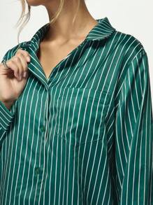 MISSGUIDED 奢华条纹缎面睡衣套装长袖纽扣睡衣非常适合圣帕特里克节庆祝活动爱尔兰主题家居服派对之夜舒适 - 綠色 - 查看 7