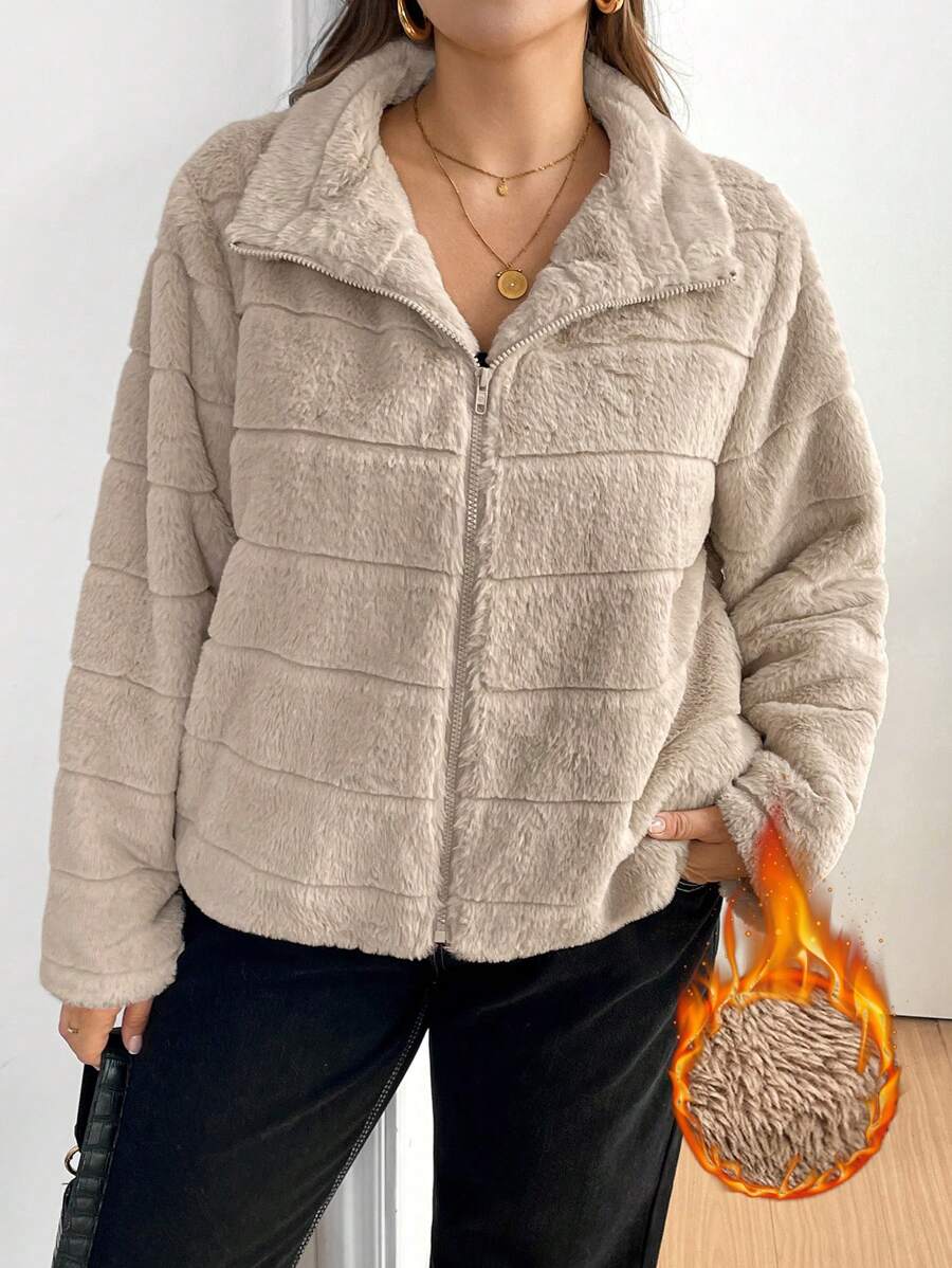 SHEIN Essnce 大码羊毛大衣，冬季保暖大衣，人造毛皮，羊毛大衣，加绒加厚，冬季女装女士保暖夹克，女士开衫外套，冬季夹克冬季上衣