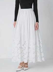 Enchnt 女士纯色弹性腰部激光切割下摆优雅长裙 - 白色 - 查看 5