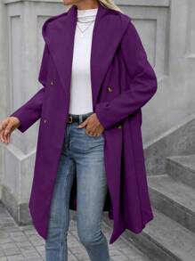 SHEIN Clasi Women Regular Casual Commuter Fashion Business Belt Waist Hooded Long Sleeve Regular Coat - Purple - View 4