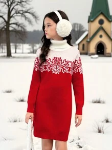 Autumn/Winter Red Christmas Casual Turtleneck Long Sleeve Bodycon Sweater Dress - Red - View 1