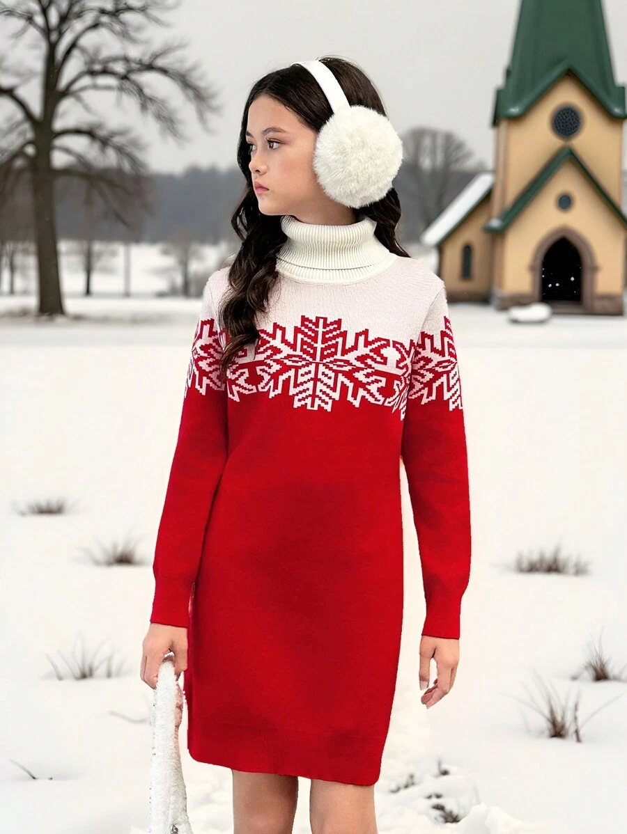 Autumn/Winter Red Christmas Casual Turtleneck Long Sleeve Bodycon Sweater Dress - Red - View 1