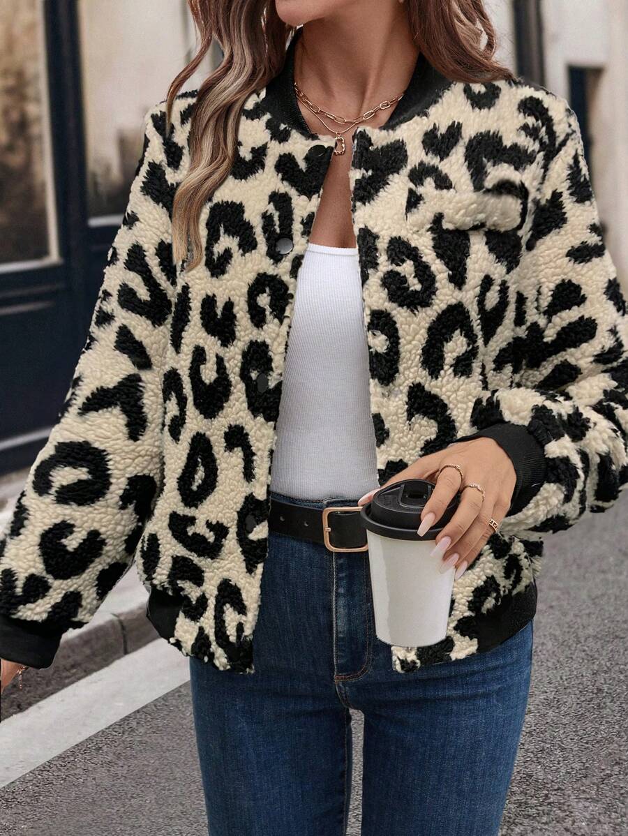 SHEIN LUNE 1pc Women's Autumn/Winter Leopard Print Thermal Lined Casual Baseball Jacket - Apricot - View 1