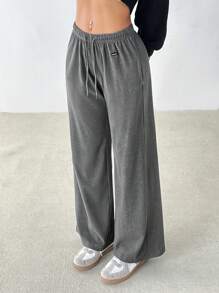 SHEIN PETITE 女式双面腰带字母刺绣休闲长裤 - 灰色 - 查看 6