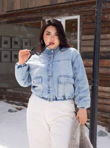 SHEIN EZwear Washed Non-Stretch Denim Winter Padded Jacket - Light Wash - View 4