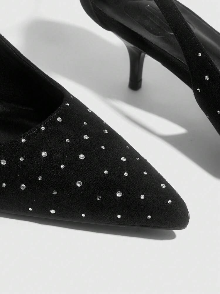 CUCCOO SZL Pointed Toe High Heel Black Suede-Like + Rhinestone Decor Elegant Evening Party Women Pumps