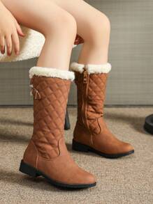 Girls Brown Boots, Toddler Kids Winter Shoes, Children Girls Boots With Side Zipper, Fluffy Boots - Brown - View 5