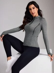 SHEIN Sports 女士休闲前拉链长袖运动衫 - 深灰色 - 查看 6