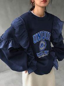 FRIFUL Women's Round Neck Long Sleeve Casual Ruffle Hem Printed Loose Sweatshirt - Navy Blue - View 3