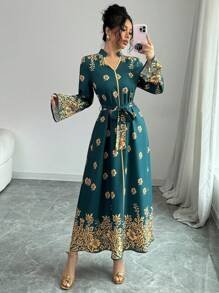 Selianne 印花立领长袖优雅休闲长裙女式长款女装 - 彩色 - 查看 3