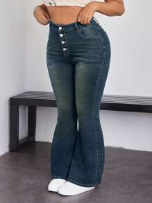 SHEIN EZwear Plus Size Front Button Pocket Casual Denim Jeans, Daily Wear - Medium Wash - View 1