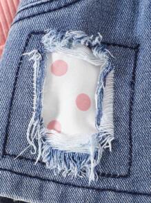 1set Baby Girls Spring Autumn Winter Long Sleeve Bodysuit With Cute Bear Embroidery, Ribbed Collar & Snap Button, And 1set Denim Skirt With Distressed Pockets, Fuzzy Patch & Headband, Suitable For Casual Outing & Play - Pink - View 7