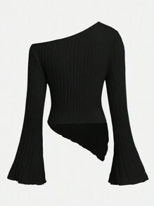 SHEIN Girlism 青少年女孩纯色斜领褶皱长袖不对称下摆罗纹针织优雅休闲通勤修身上衣 T 恤，秋冬