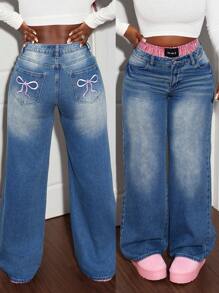 SHEIN SXY Jeans de mujer de tela vaquera azul, de talle bajo y pierna ancha, sexy
