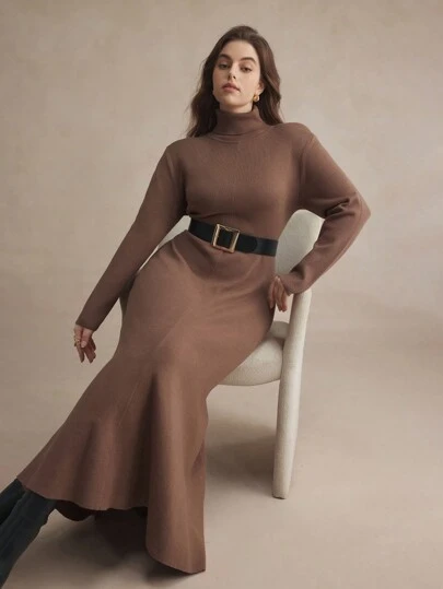 BizChic Vestido largo de suéter de unicolor casual con cuello alto y espalda hueca, para otoño/invierno, talla grande