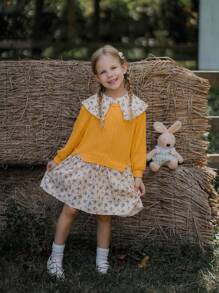 SHEIN Young Girl Casual Contrast Color Patchwork Ditsy Floral 2 In 1 Sweatshirt, Autumn