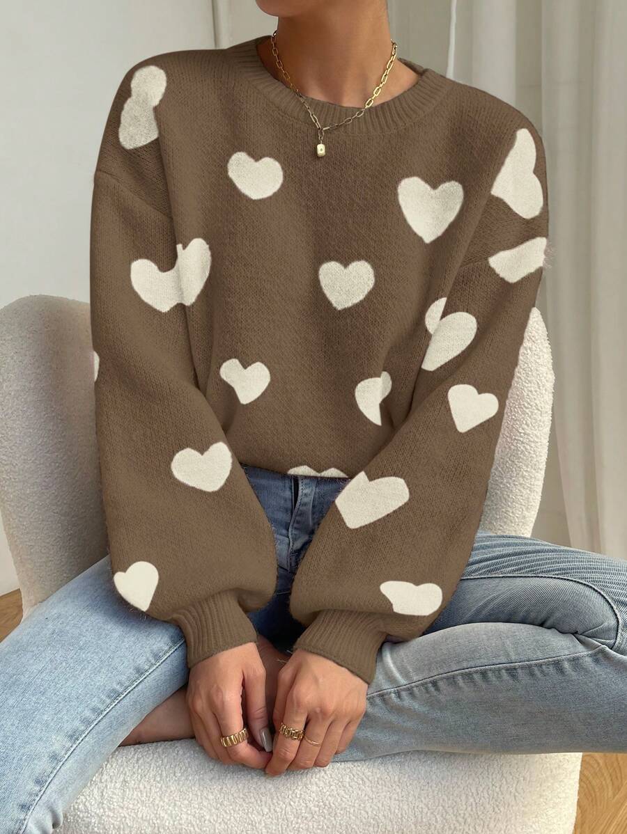 Chiquease Heart Print Round Neck Casual Versatile Long Sleeve Pullover Sweater - Mocha Brown - View 1